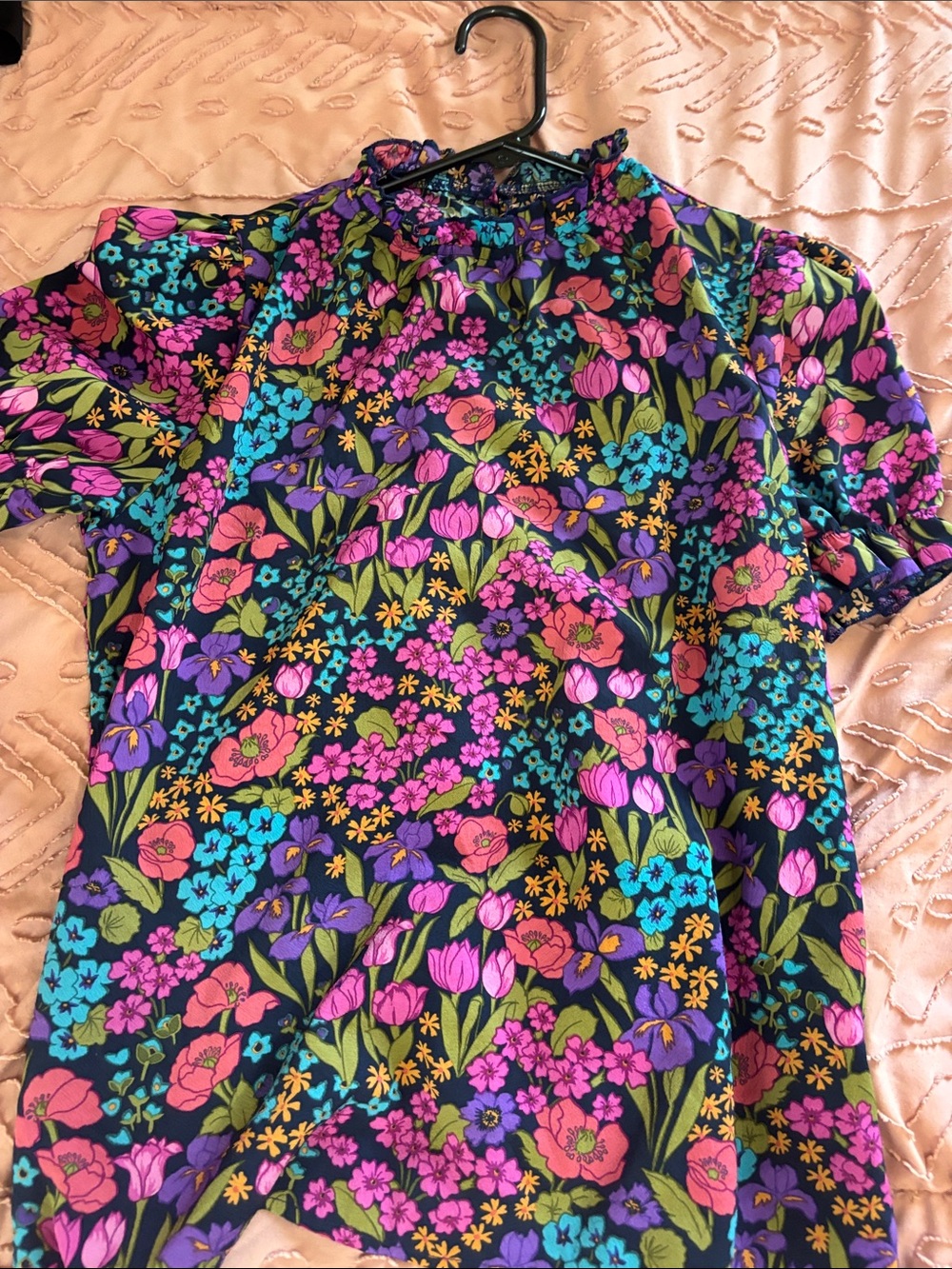 SHEIN Black Floral Mock-Neck Blouse with Pink, Purple & Teal Flowers